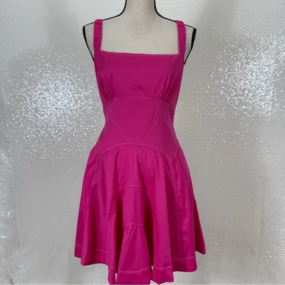 Anthropologie Pink Fit & Flare Mini Dress Size L Ruched Strap Back Zip NWT - Picture 10 of 11